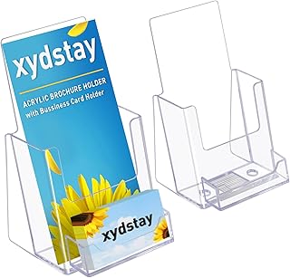 4x9 Acrylic Brochure Holder with Business Card Holder, Clear Display Stand, Plastic Table stand Sign Holder, Pamphlet Holder Flyer Holder, Acrylic Display Stand for Office, Home, Store, 2 Pack
