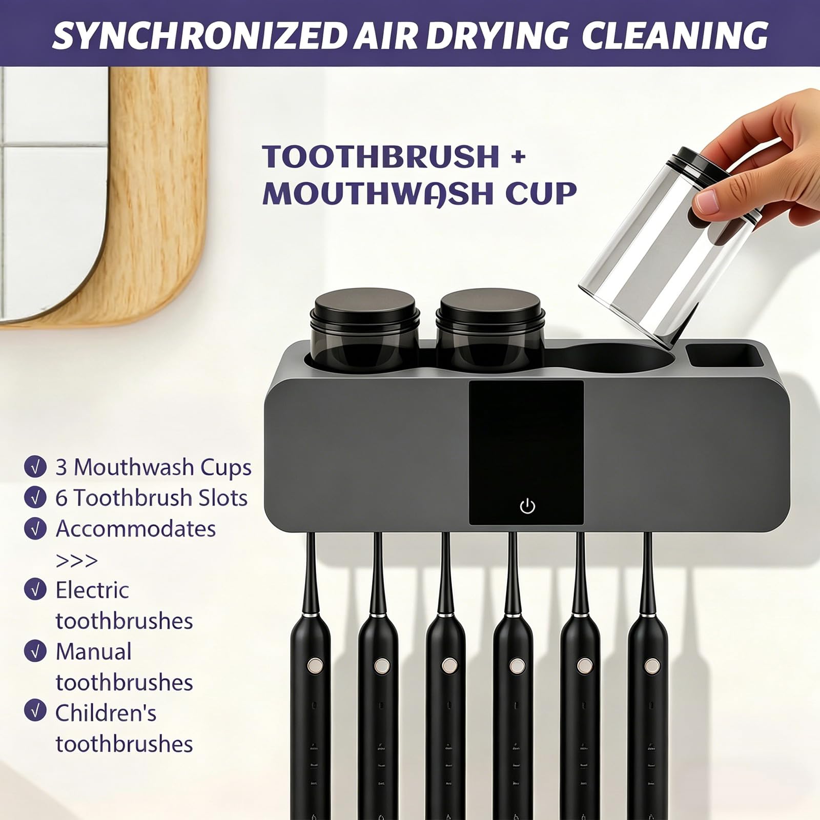 Porta spazzolino da denti con sterilizzatore UV, igienizzatore per spazzolino da denti, disinfettante e supporto per spazzolini elettrici da parete da bagno, senza trapano, con 6 fessure per