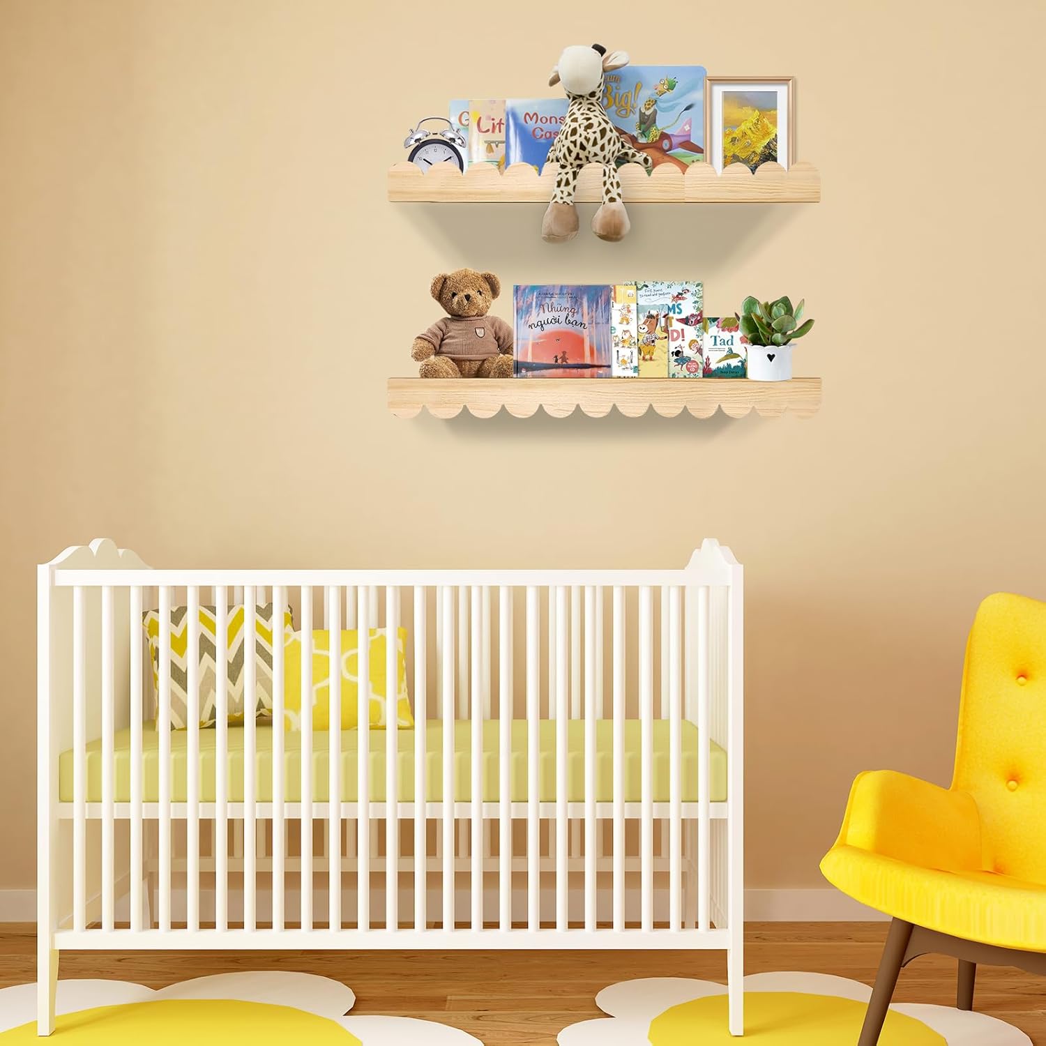 Nursery Book Shelves 24Inches-Floating Shelves for Bedroom Kids, Scalloped Shelves for Wall 2 Pack, Scalloped Shelf for Toddler Room, Baby Room, Nursery Decor, Natural