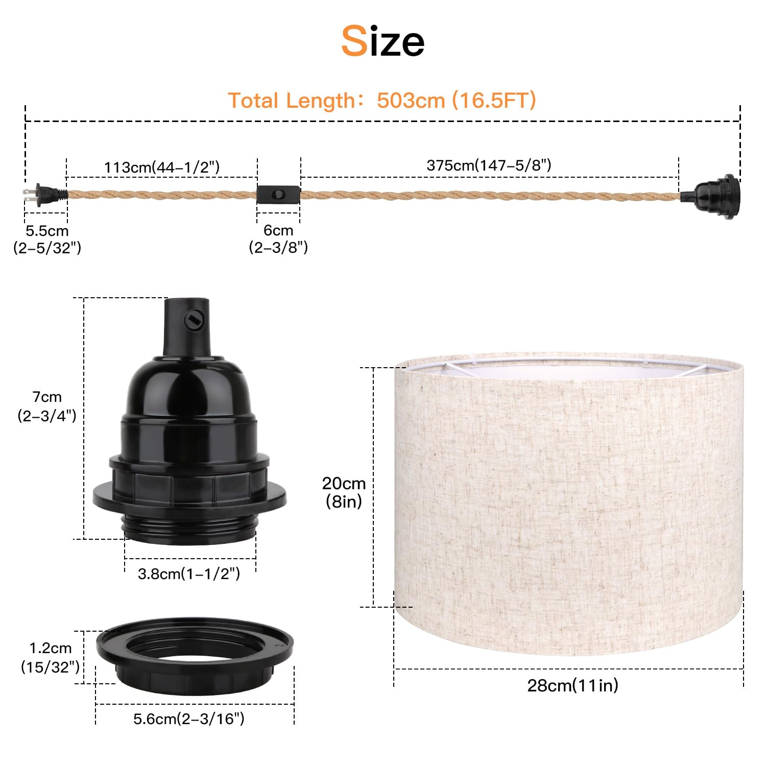 Lámpara colgante enchufable de 16.5 pies, lámpara colgante con pantalla de enchufe, interruptor de cuerda de cáñamo, pantalla de tela de lino beige para comedor, cocina, sala de estar 2