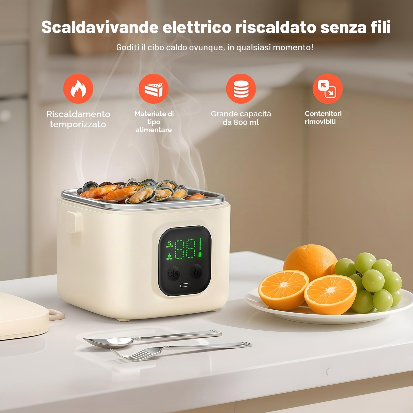 Lunch Box Elettrico Senza Fili da 14000 mAh - Scaldavivande Autoriscaldante da 800 ml con Timer Intelligente, Ricarica Type-C per Ufficio, Scuola e Viaggi 800ml