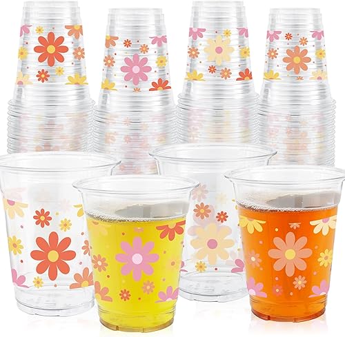 ABURRORI 50 vasos de plástico Groovy de 12 onzas, decoraciones de fiesta de margaritas bohemias, desechables, retro, hippie, vasos de plástico