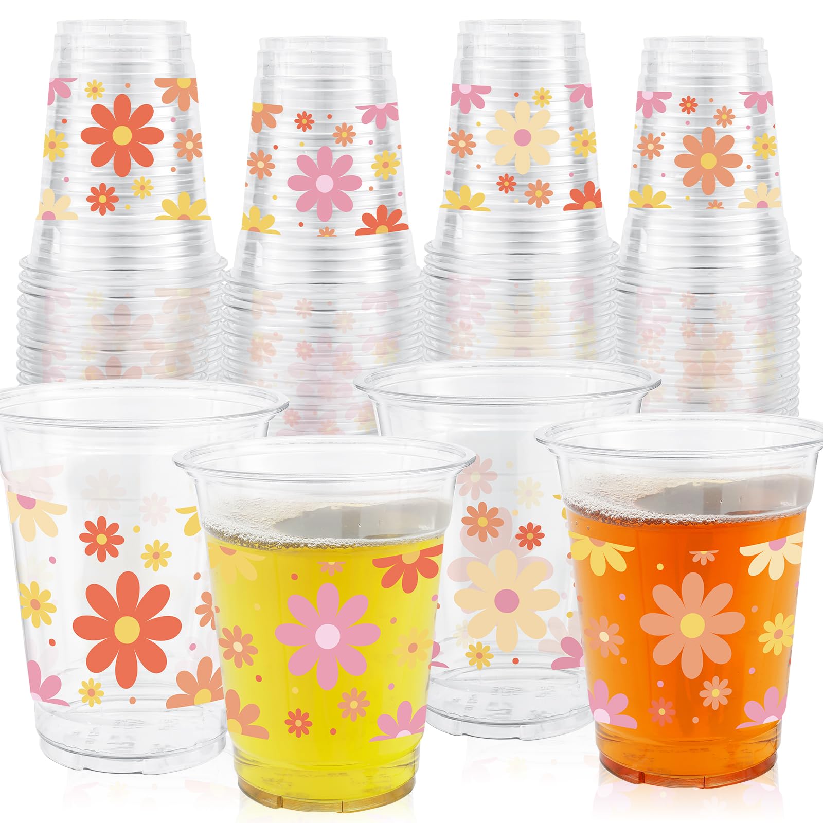 ABURRORI 50 Pcs 12OZ Groovy Plastic cups, Boho Daisy Flower Party Decorations Disposable Retro Hippie Clear Plastic Cups Juice Soda Beverage Holiday