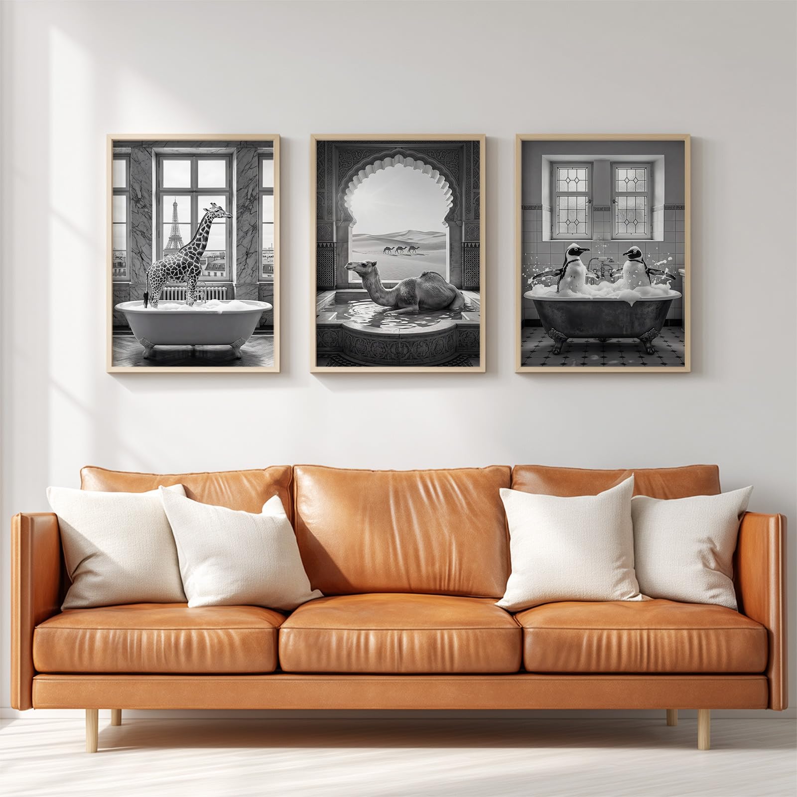 Duży krajobraz 3 sztuki druk na płótnie 42 x 59,4 cm, fantazyjne zwierzęta sztuka ścienna plakaty retro żyrafa wielbłąd pingwin kąpiel zabawna dekoracja do sypialni, salonu, kuchni