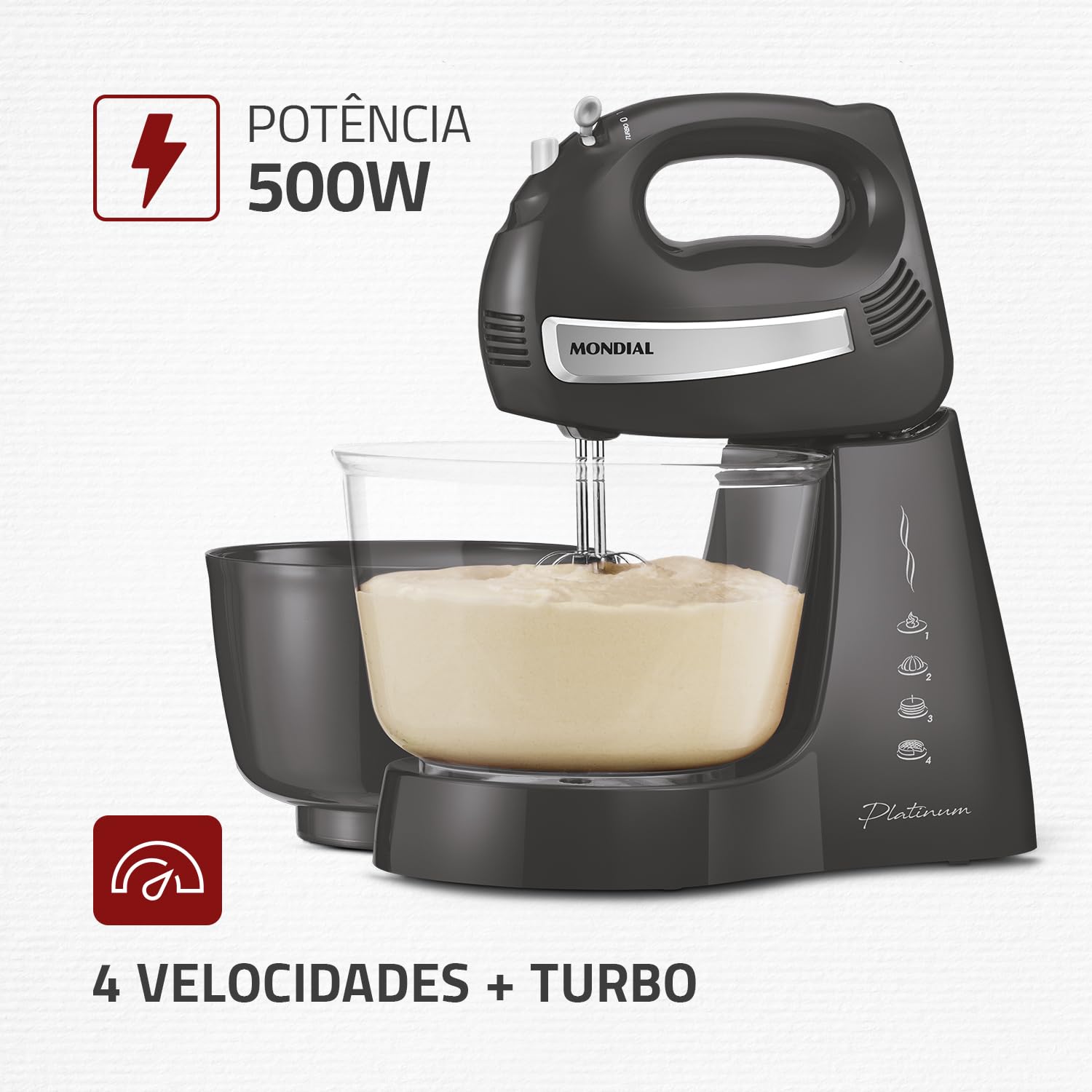 MONDIAL Batedeira Bella Massa Platinum, Grafite/Inox, 500W, 220V