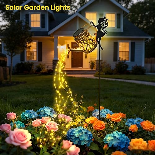 Miniatura 7 de Paquete de 2 luces solares de jardín de hadas, colibrí, regaderas solares para exteriores, impermeables, patio, césped, decoración de jardinería,