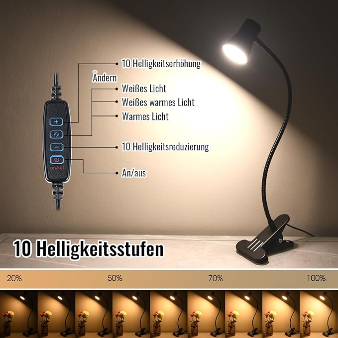 CeSunlight Clip Desk Lamp, USB Reading Light, Flexible Neck Led Clamp Light with 3 Color Temperature Options, 10 Dimmable Brightness Levels for Working, Studying (8W) photo 3