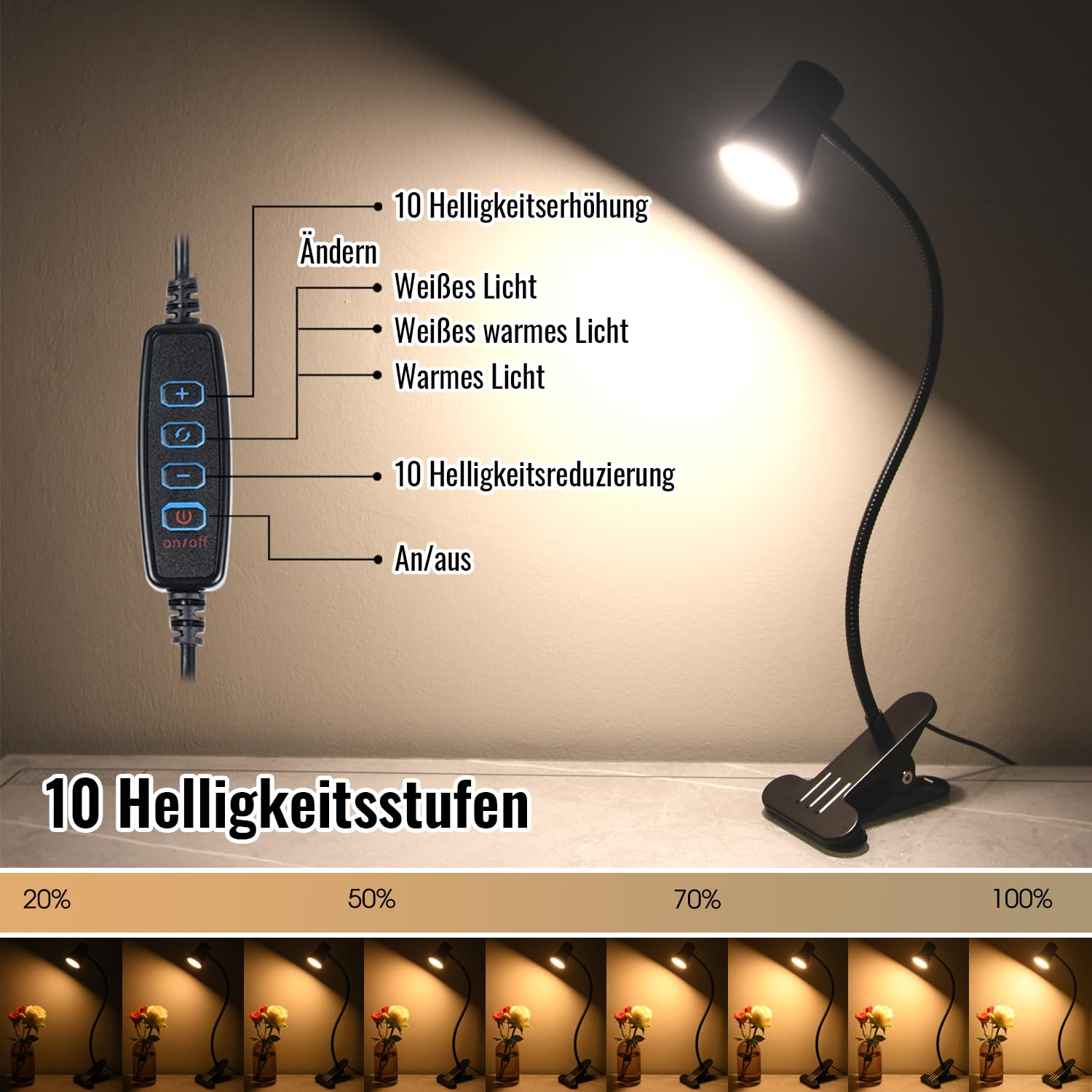 Lepro LED Clip-on Desk Lamp, Dimmable USB Reading Light With Clamp, 3 Color Modes, 10 Brightness Levels, For Home, Office, Dorm, Nail Table - View #12
