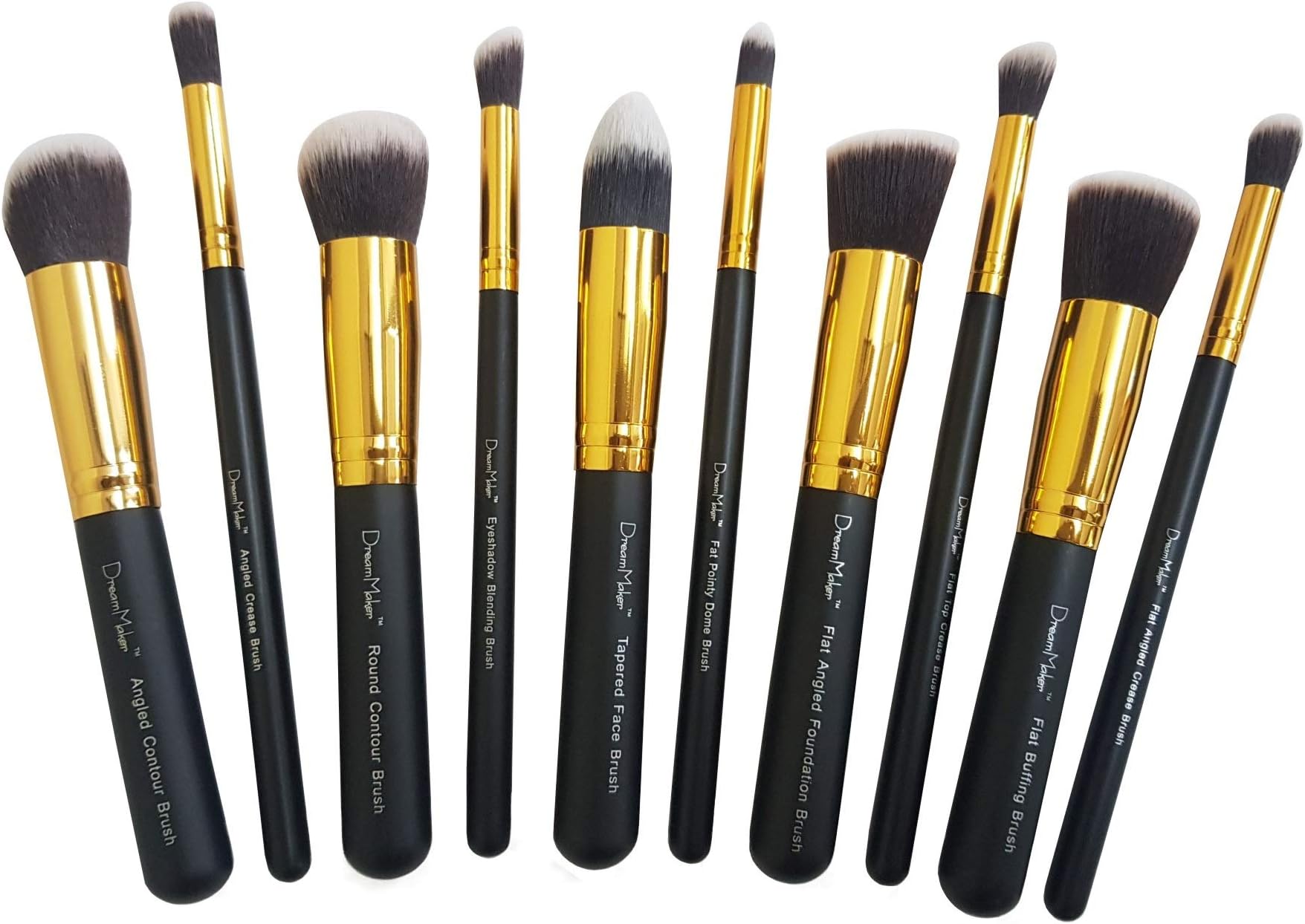 Dream Maker 10 Piece Professional Makeup Brush Set Without Pouch (Black+Gold), Kabuki Foundation, Eyeshadow Blending, Buffing, Contour, Face Brush, Synthetic Makeup Brushes