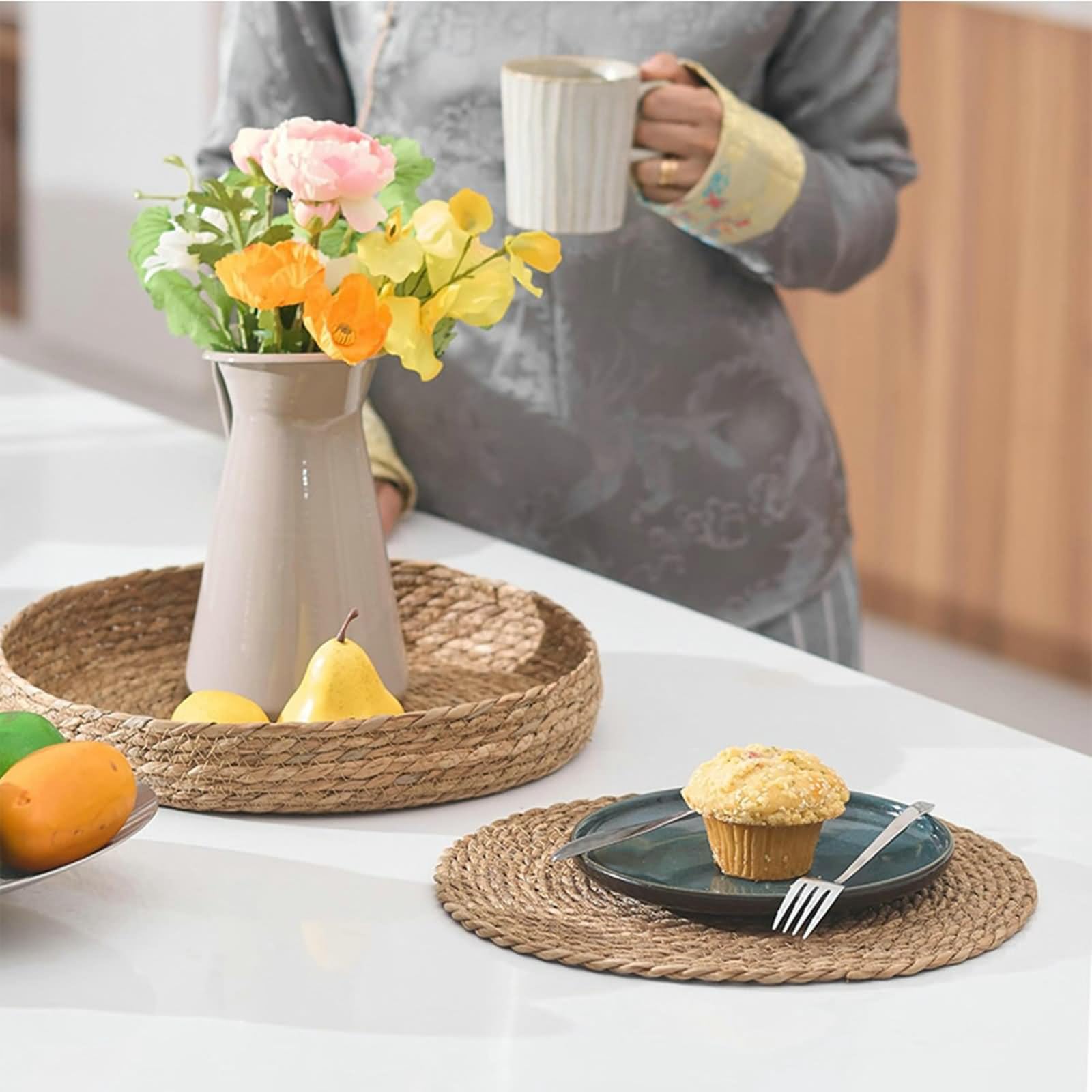 4er Set Platzset Boho, Tischunterlage Teller 33cm Rund Gewebt Khaki Jute für Hause Küche Hotel und Restaurant
