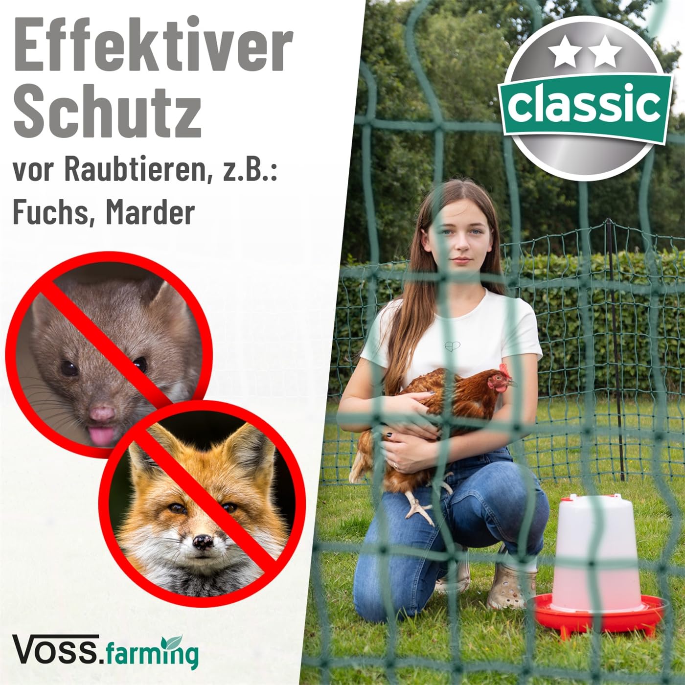 VOSS.farming 15m Hundezaun, Katzenzaun, Hühnerzaun, Geflügelzaun, Geflügelnetz, 112cm, 6 Pfähle, 2 Spitzen, grün Classic