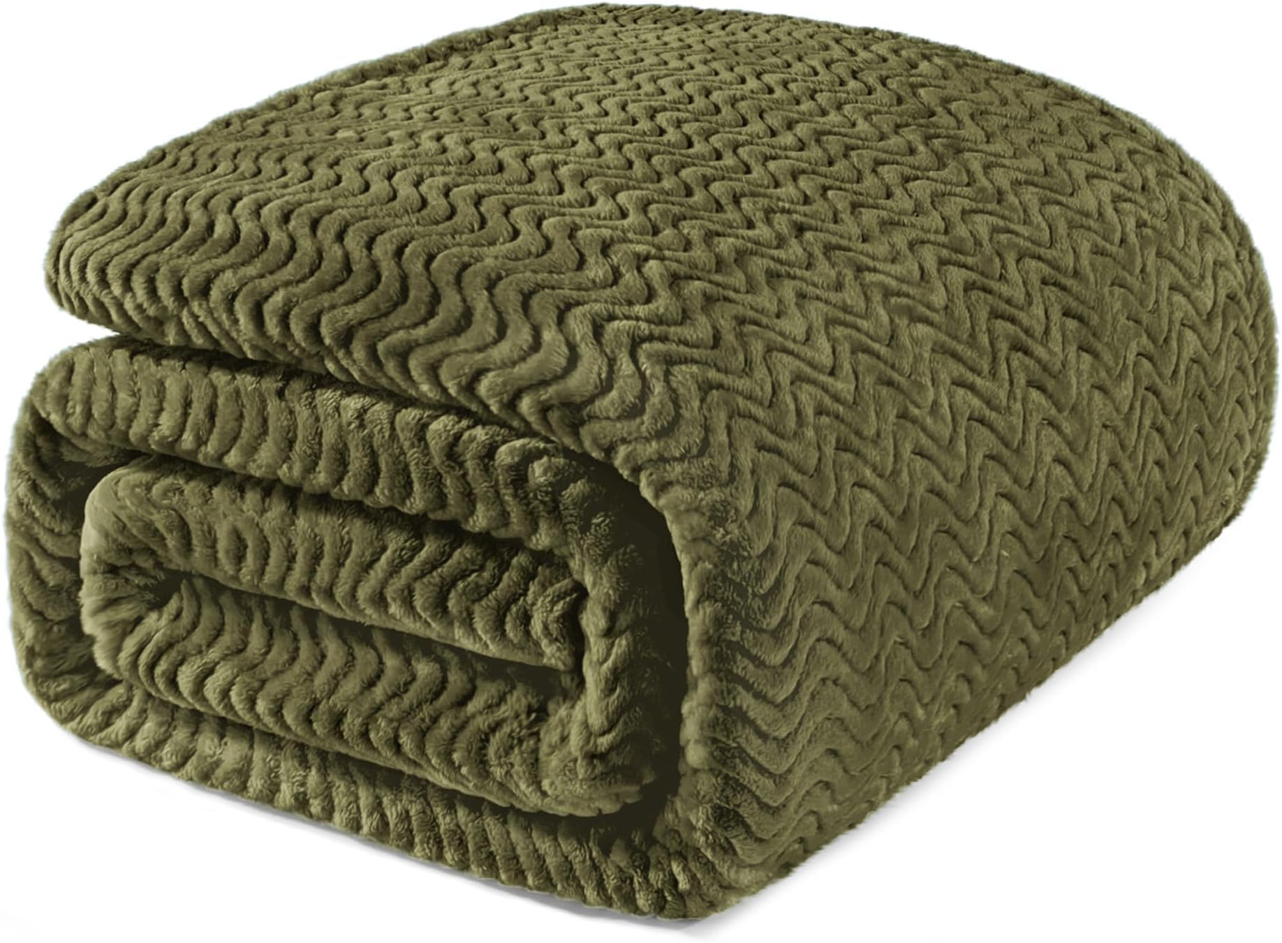 Queen Blanket for Bed, Cozy Lightweight Fleece Blankets for All Season, Decorative Giftable Fuzzy Plush Wave Textured Suitable for Women, Men, Olive Green, 90x90 Inches