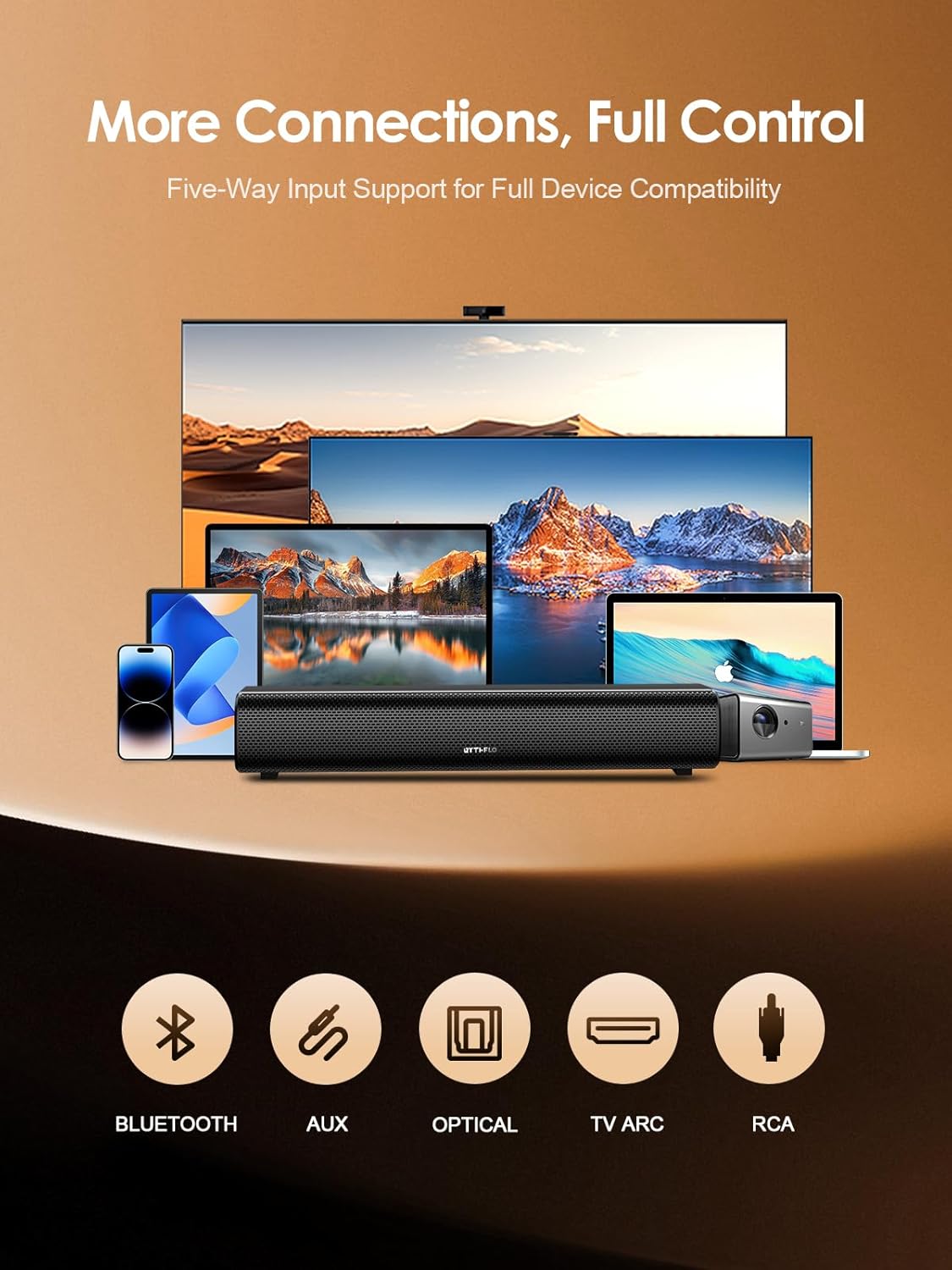 Rythflo Sound Bar showing various connection ports: Bluetooth, AUX, Optical, TV ARC, and RCA.