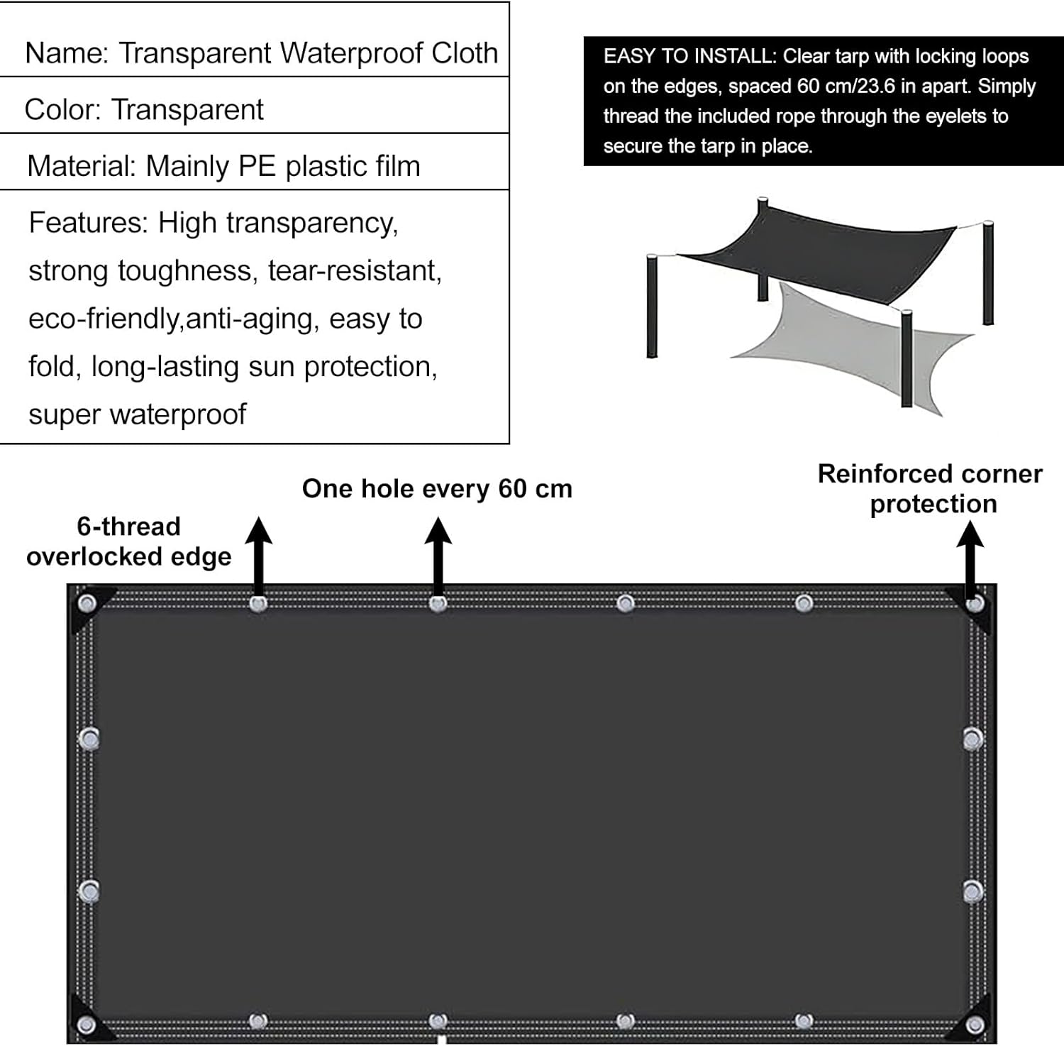 Clear Tarp, Tarp Waterproof, Outdoor Tarps, for Camping, Plants, Greenhouse, Anti-Tear Heavy Duty Plastic PE Tarpaulin Cover, Reinforced Edges with Grommet(2.5x4m/8.2x13.1ft)