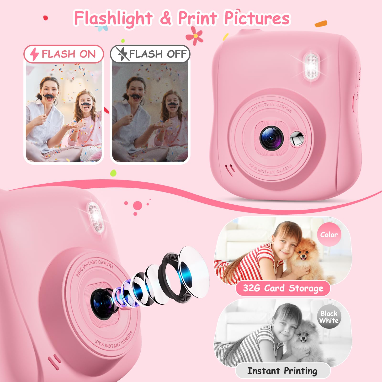 Hangrui Appareil Photo Instantané Enfant, 2,0 Pouces Écran HD Appareil Photo Enfant avec Carte de 32GB & 3 Rouleaux de Papier d'impression,Cadeau Jouet pour Enfant Garçons Filles de 3-10 Ans -Rose