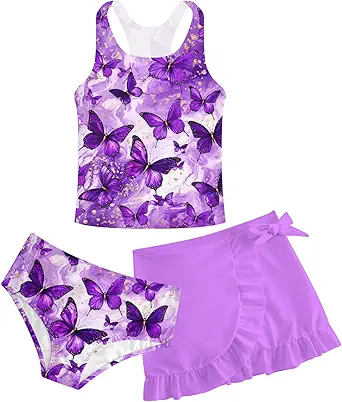 Girls Swimsuits 3 Piece Tankini Bathing Suit Set Cute Bikini Swimwear with Cover Ups Beach Skirt 5-16 Years