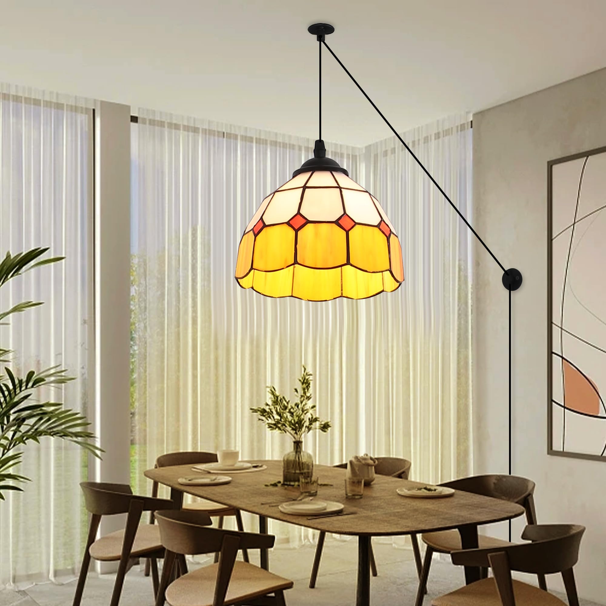 SUNLLOK Modern Tiffany Glass Pendant Light, Adjustable Height Plug in Chandelier Ceiling Lamp Fixture