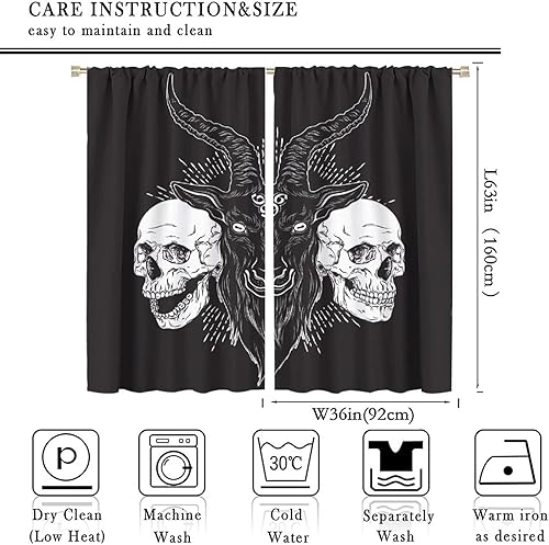 Vista 260 de Cortinas de cabeza de cabra, misteriosa cabeza de cabra malvada, calavera negra, bolsillo para barra, cortinas opacas para ventana, juego de 2