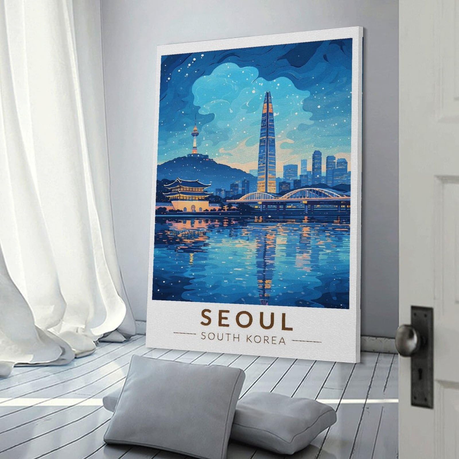 Junmoney Decorative Wall Artwork Seoul Cityscape at Night(2), 08x12inch(20x30cm), for Corridors, Hallways Or Apartment Entries, Wall Decor to Refresh Empty Corners