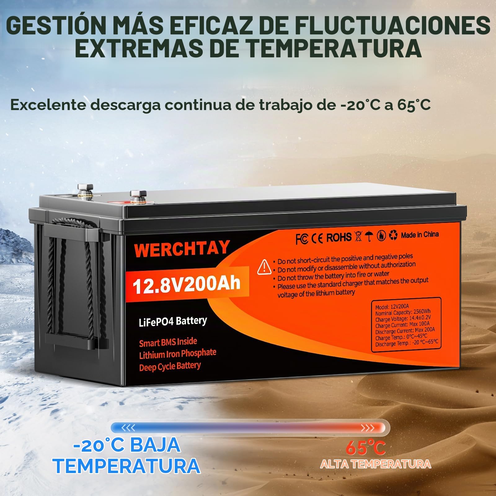 WERCHTAY Bateria Lifepo4 12V 200Ah, Bateria Litio Recargable, Baterías de Ciclo Profundo, Batería Coche 2560Wh con Sistema 200A BMS, 18000 Ciclos Para Sistema Placa Solar, Barco, Hogar, Camper (200ah)
