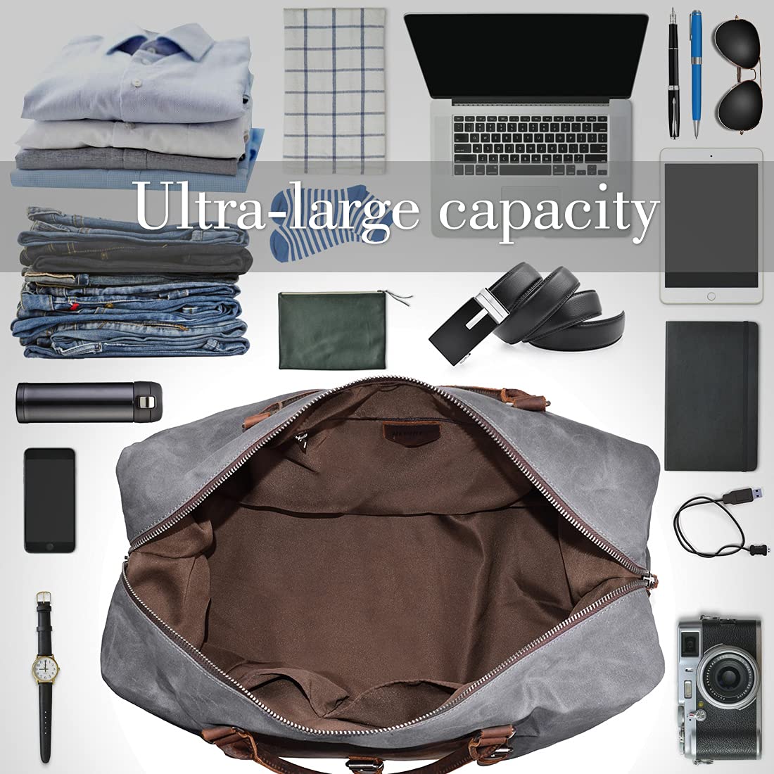 Bolsa de viaje de gran tamaño, impermeable, lona, para fin de semana, piel, para pasar la noche