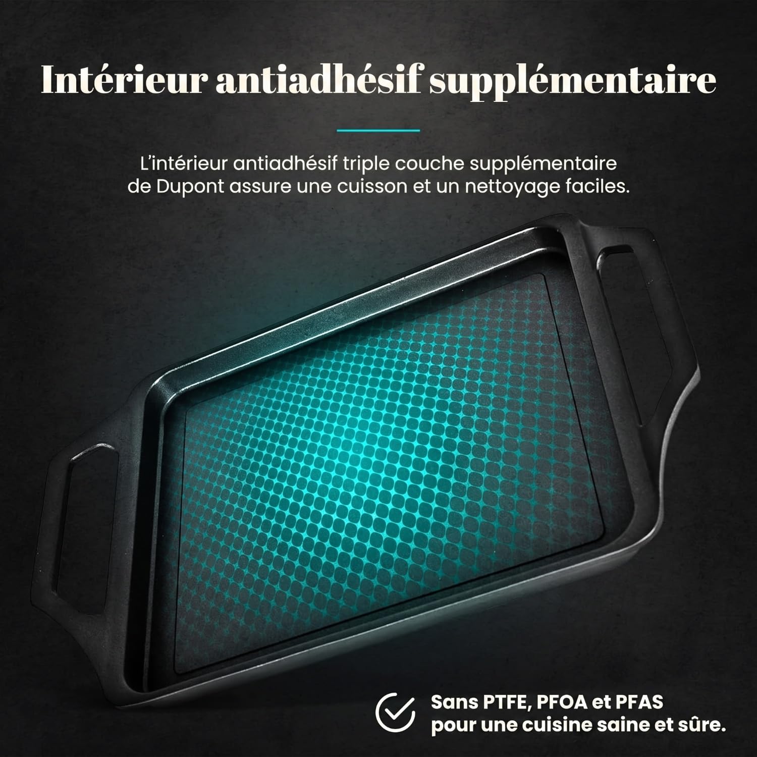 WECOOK! Ecostone Plaque à Griller Induction 43 X 25cm, Fonte d'Aluminium, Anti-adhésif XTRA DUPONT Écologique sans PFOA, Épaisseur 5 mm, Poignées en Silicone, Vitrocéramique, Gaz, Four