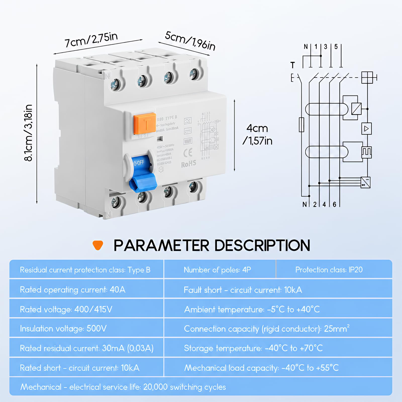 2 Stück FI Schutzschalter Typ B 40A 30mA 4-polig Allstromsensitiver RCD | mit DC-Fehlererkennung Fehlerstromschutzschalter für Wallbox und PV-Anlage Hutschienenmontage EN61008