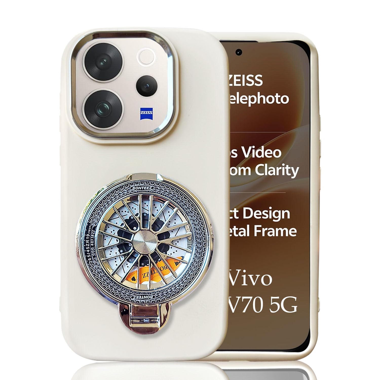 KC Back Cover for Vivo V70 5G / V70 Elite 5G - Electroplated Chrome Metal Ring Soft Silicone Round Silver Spinning Wheel Kickstand Holder Camera Protection Shockproof Bumper Case (White)-image-4