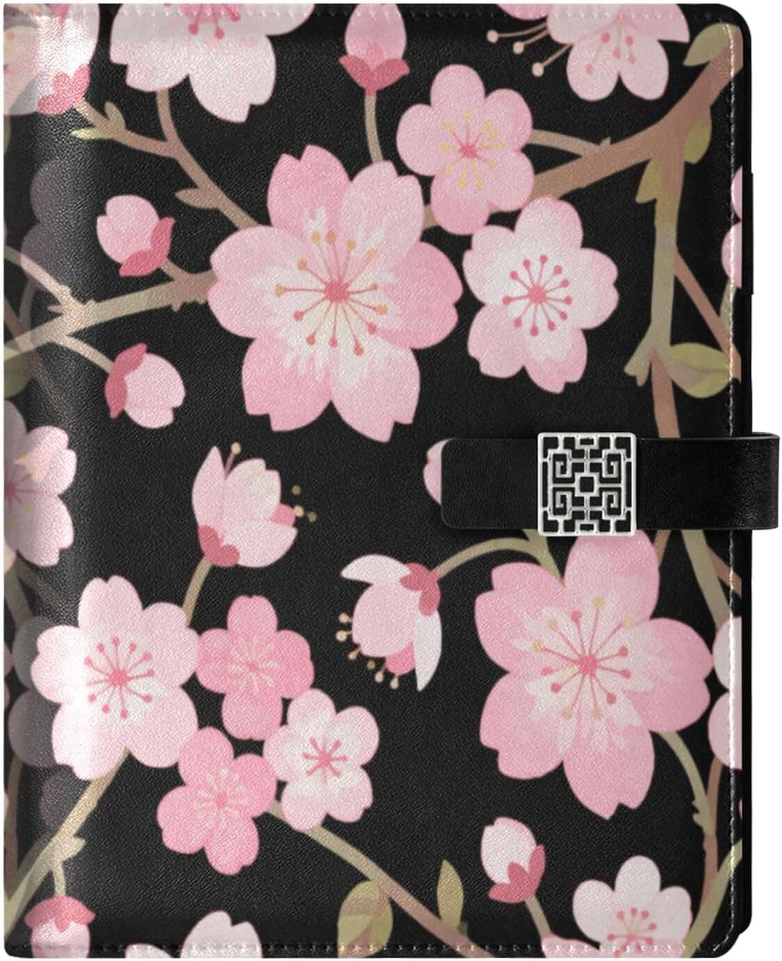 Cherry Blossoms on Black Background PU Leather Notebook A5 Binder 6 Ring Refillable Journal with Magnetic Buckle Closure Loose Leaf Travel Office Planner Budget Binder Notepad Portfolio,