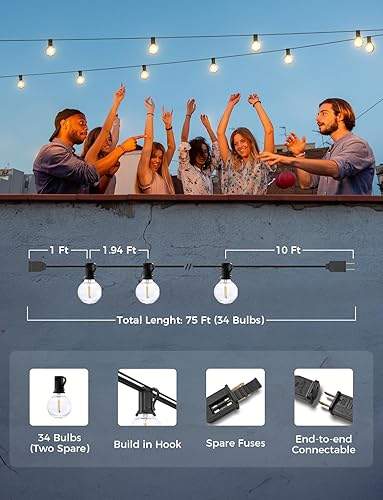 Miniatura 6 de XMCOSY+ Guirnalda de luces inteligentes para exteriores, luces de patio G40 de 75 pies con 34 bombillas LED regulables, control WiFi y aplicación,