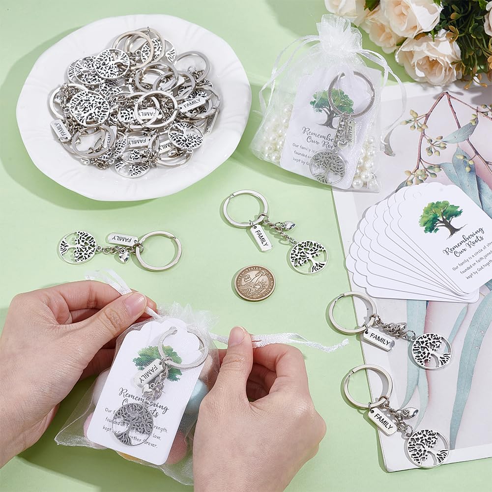 PH PandaHall 24 Set Familienwiedersehen Dankeschön Geschenk Baums des Lebens Schlüsselanhänger Parteibeigabe mit Organzaa Geschenkbeutel und Karten für Hochzeit Geburtstag Geschenk Gast Rückgabe Deko