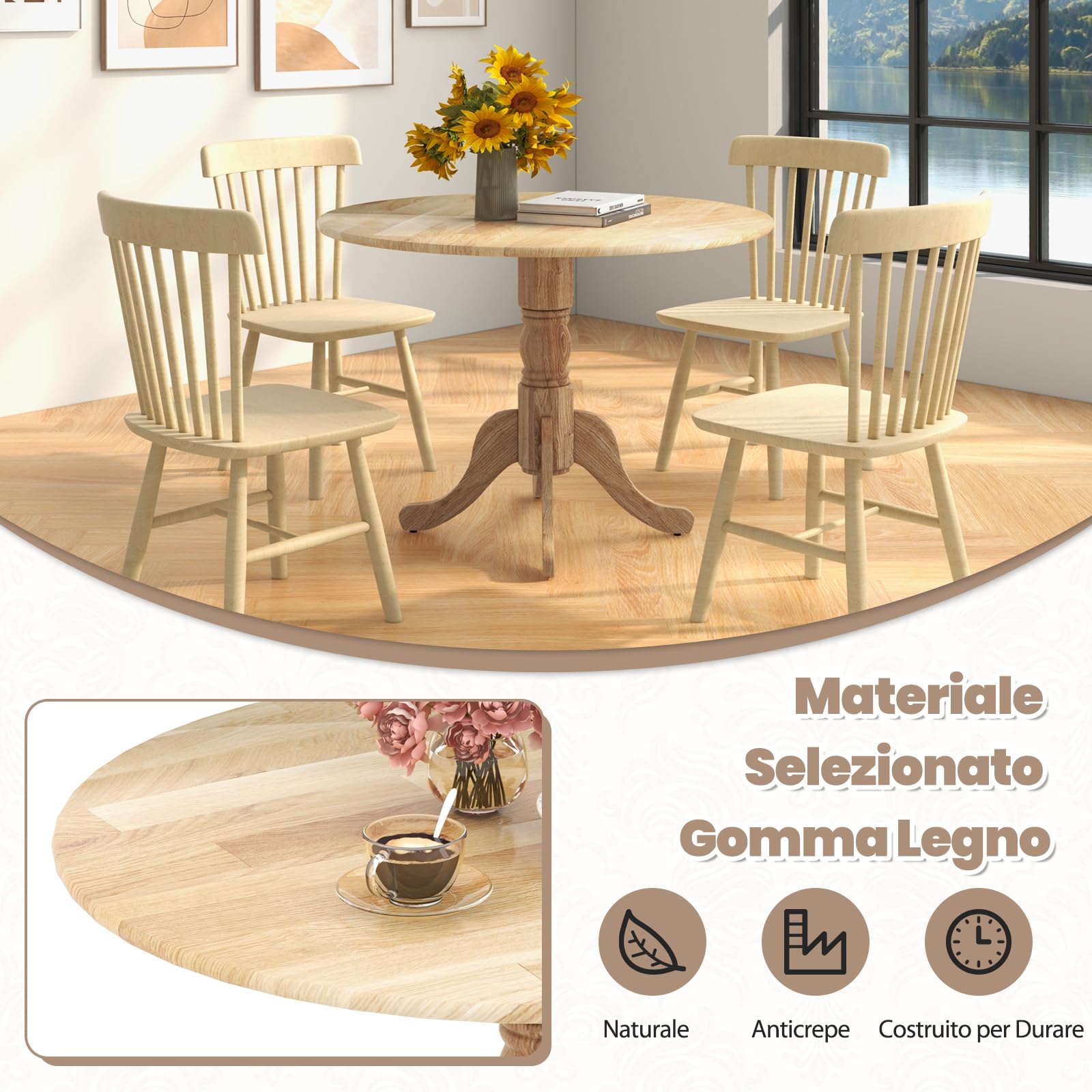 RELAX4LIFE Tavolo da Pranzo 100cm per 4 Persone, Tavolo Rotondo da Cucina in Legno di Gomma, con Gambe a Cavalletto Curve, Tavolino Moderno per Sala da Pranzo, Soggiorno, Carico 100kg (Naturale)