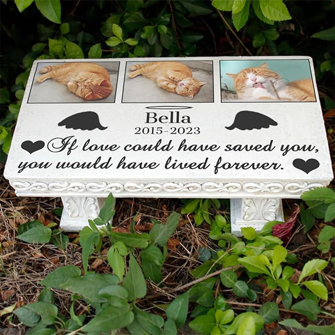 JHB Personalized Bench Pet Memorial Garden Stone Plaque with Colorful Photo, Dog Grave Marker Dog Tombstone Cat Headstone for Graves Loss of Pet Gift Cemetery Garden Plaque (E)