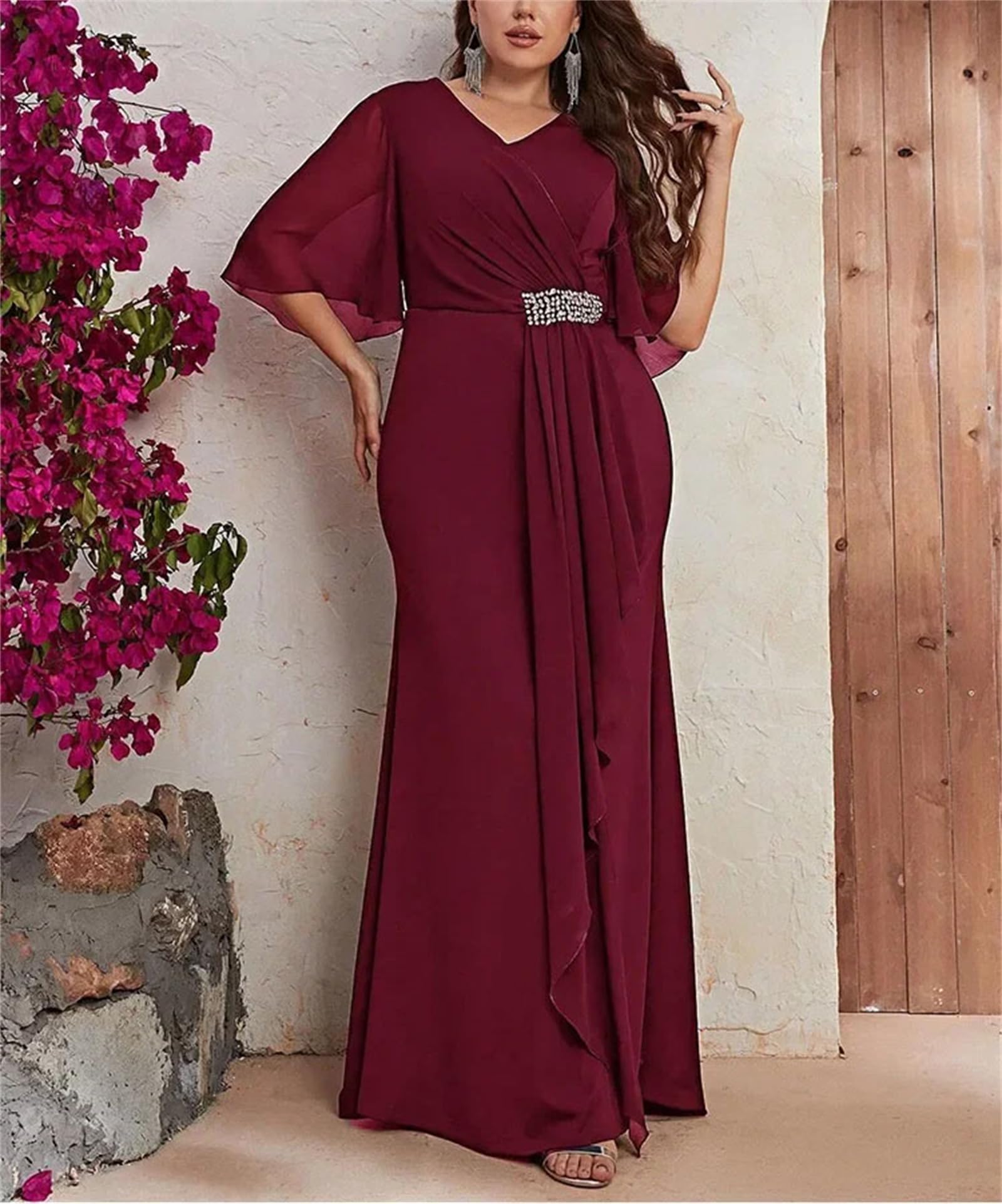 Damska sukienka wieczorowa w rozmiarze plus size, dekolt w serek, długość do ziemi, z krótkim rękawem, dla druhny, na studniówkę, wesele, przyjęcie koktajlowe, formalna sukienka
