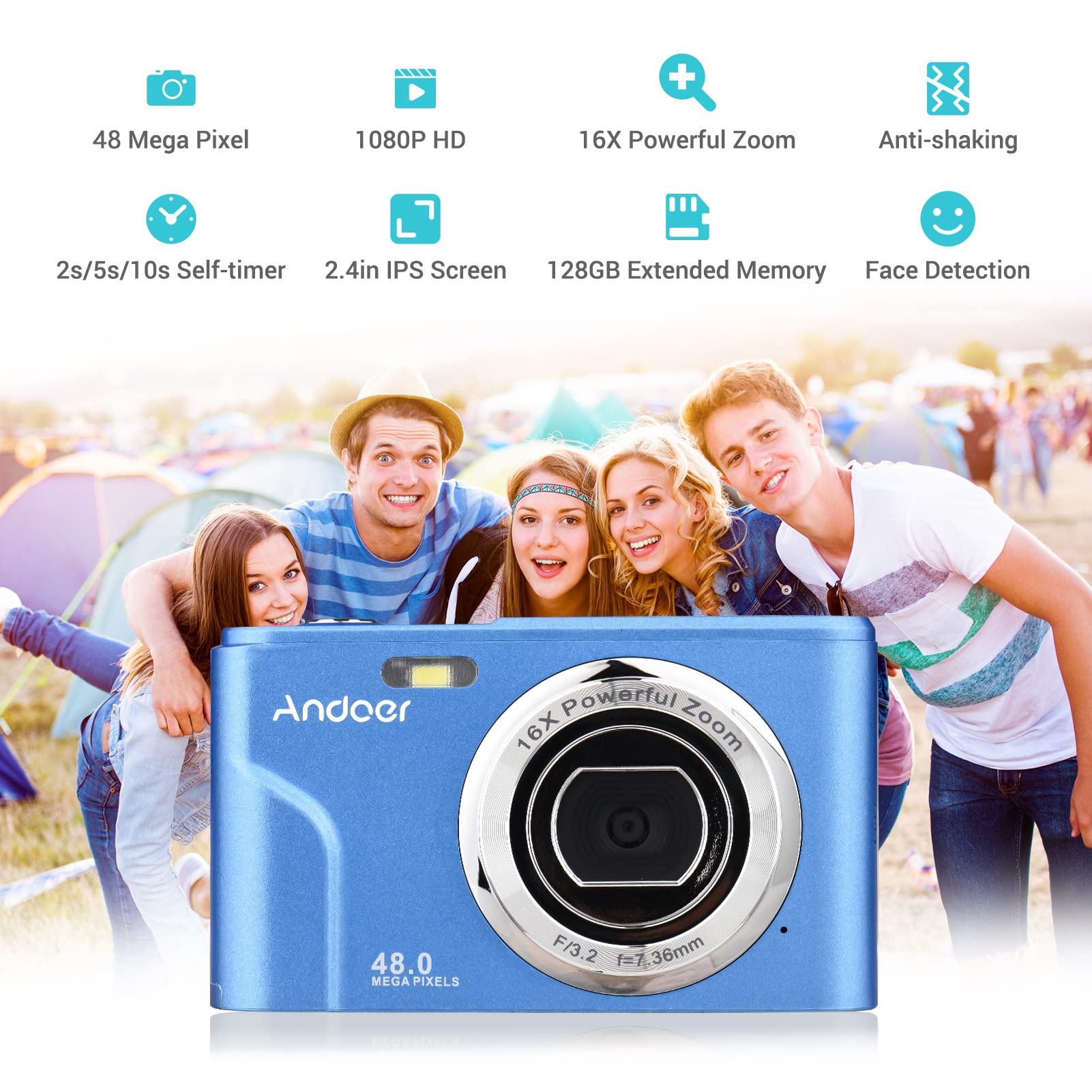 Andoer Aparat cyfrowy z autofokusem, 48 MP, 1080p, 2,4", aparat cyfrowy z 2 bateriami, pasek na rękę, torba do przenoszenia, dla dzieci, młodzieży, początkujących, studentów, ciemnoniebieski
