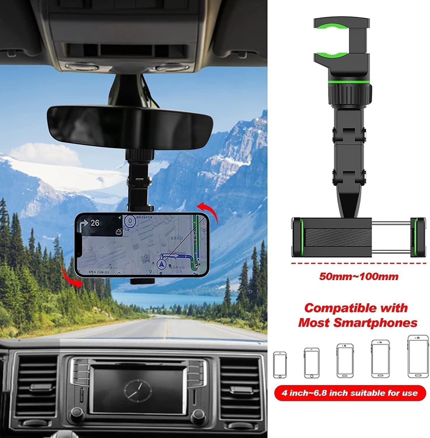 JAlanlan Porta cellulare per auto universale, Porta smartphone navigatore a scomparsa girevole a 360°, supporto telefono per specchietto retrovisore per auto, adatto a tutti i telefoni cellulari