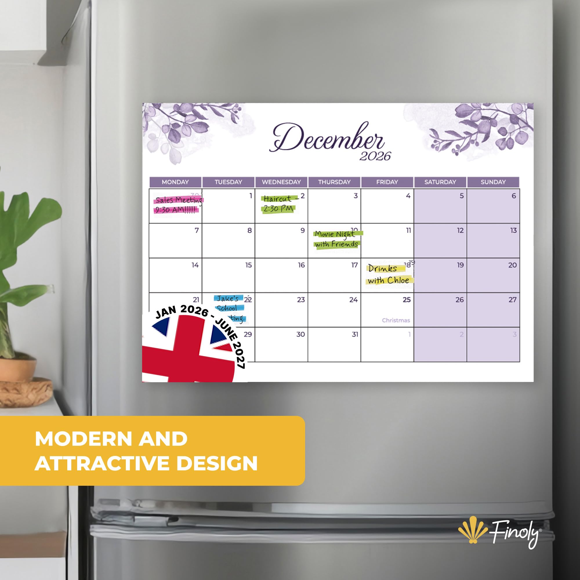 Vereenvoudigde magnetische koelkastkalender 2025-2026 - loopt van januari 2025 tot juli 2026 - de perfecte maandelijkse koelkastkalender voor eenvoudig organiseren
