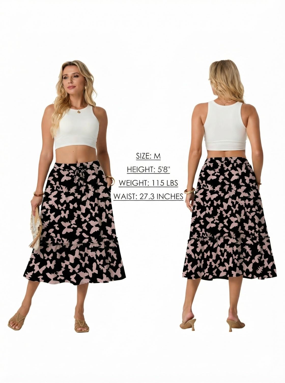 PrinStory Falda de verano larga para mujer, falda de verano de cintura alta, falda midi con bolsillos con cordón, ligera y aireada