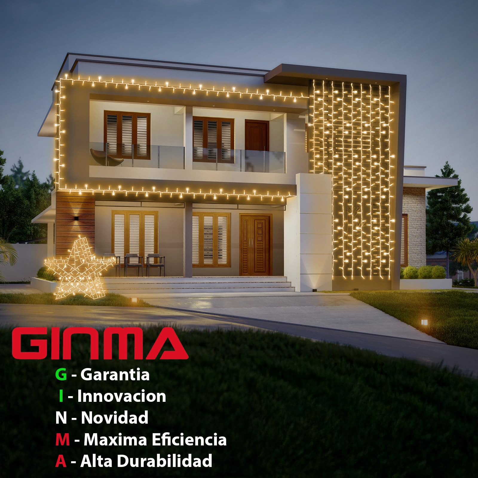 GINMA Luces de Navidad Exterior Balcón – Cortina Luminosa LED Roja con Efecto Lluvia, IP44 Impermeable, Bajo Consumo y Conectable para Balcones, Ventanas y Jardín (Bianco Calido, 2x2m (200 LED))