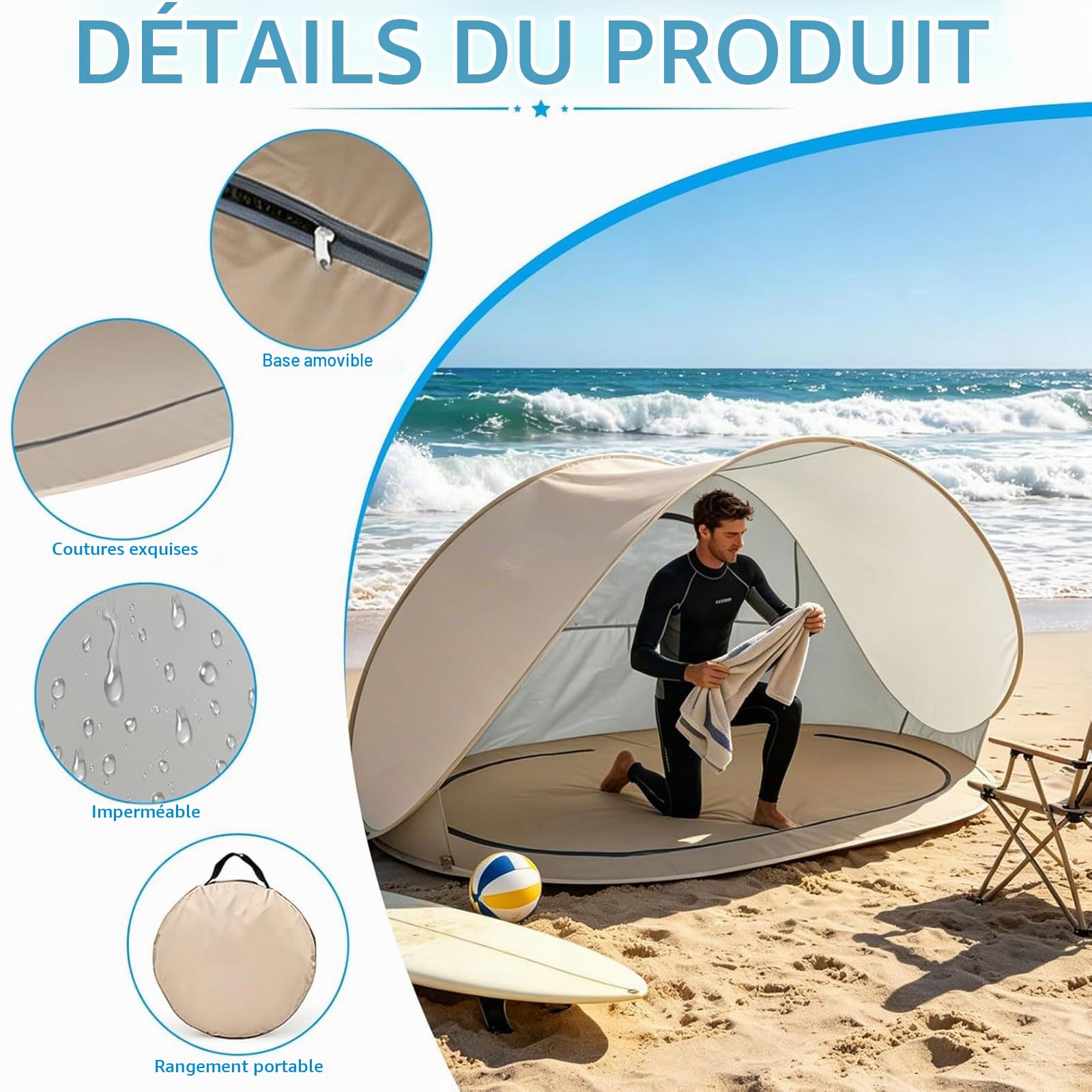 ZVD Tente de Plage Pop Up 3-4 Personnes, Anti-UV UPF 50+Camping (Blanc) | Abri de Plage Coupe-Vent avec Sol Amovible, Pare-Soleil Portable pour Plage, Camping, Jardin, Pique-Nique et Pêche