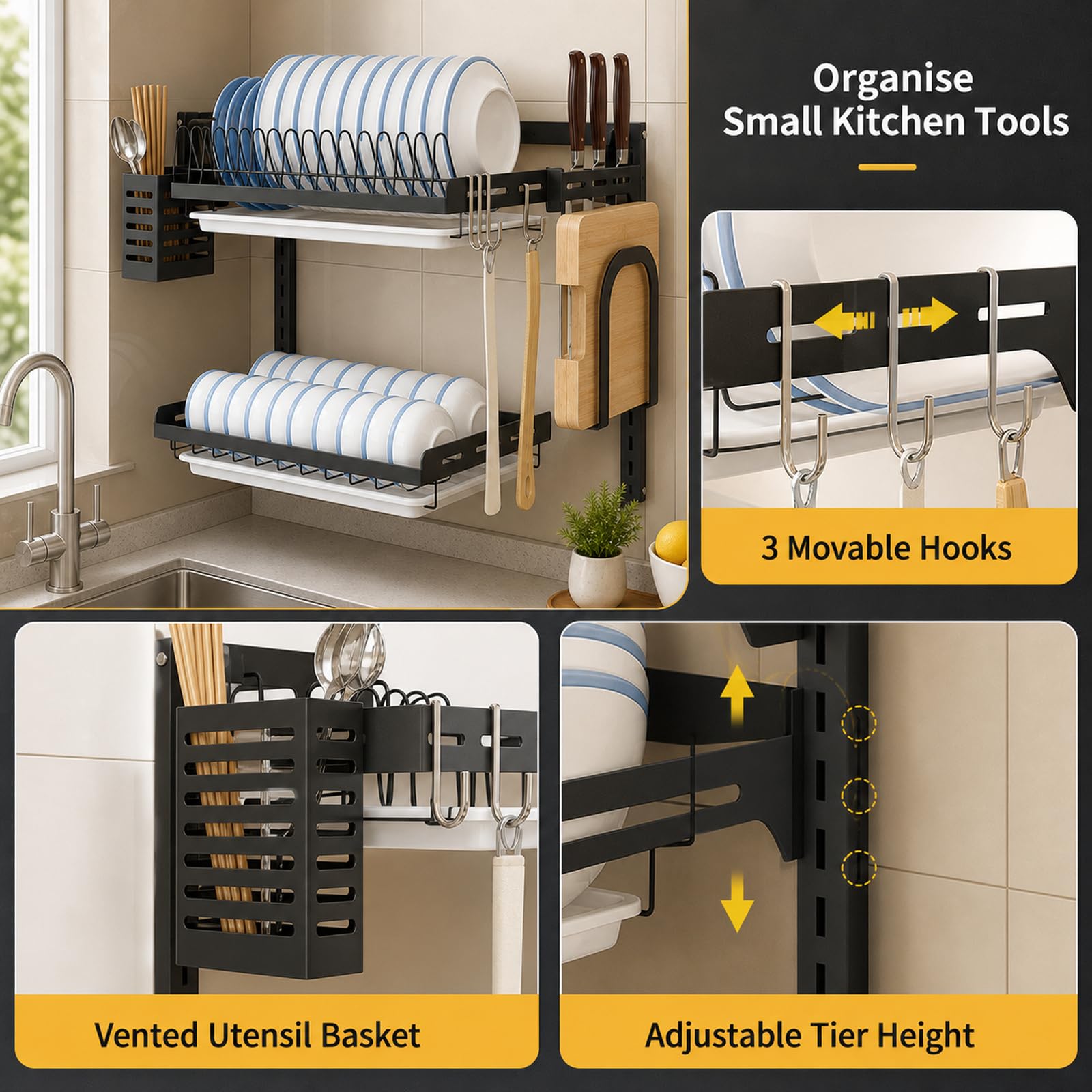 Escurridor de Platos de Pared,Escurreplatos De Pared De Acero Inoxidable,Escurridor De Platos con Bandeja,Estante para secar Platos Colgante,Ahorra Espacio,para Platos,Cuencos