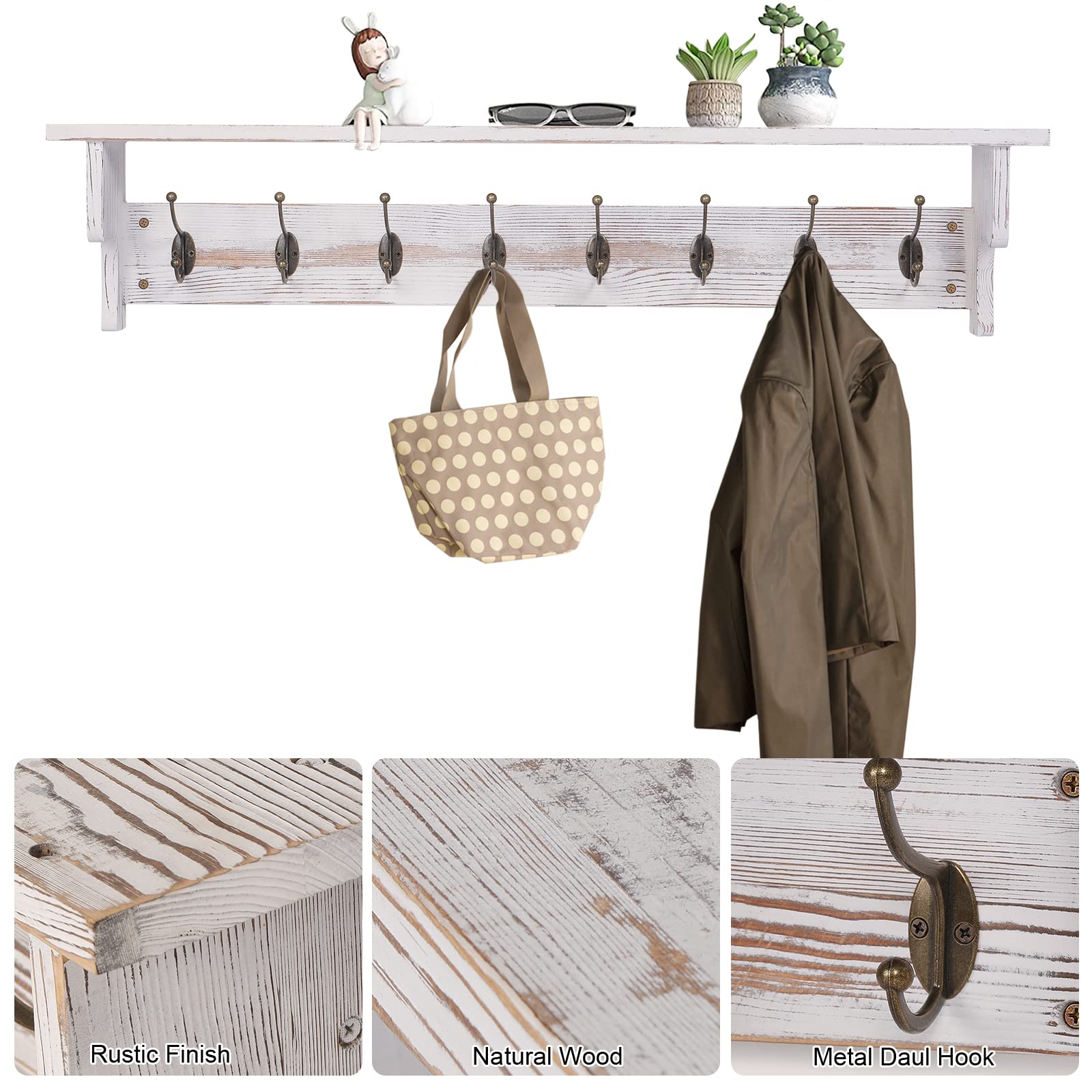 Bekrvio Perchero de pared con estante, estantería de entrada de madera rústica con 8 ganchos para ropa, estilo rústico, colgador de pared flotante (90 cm de largo)