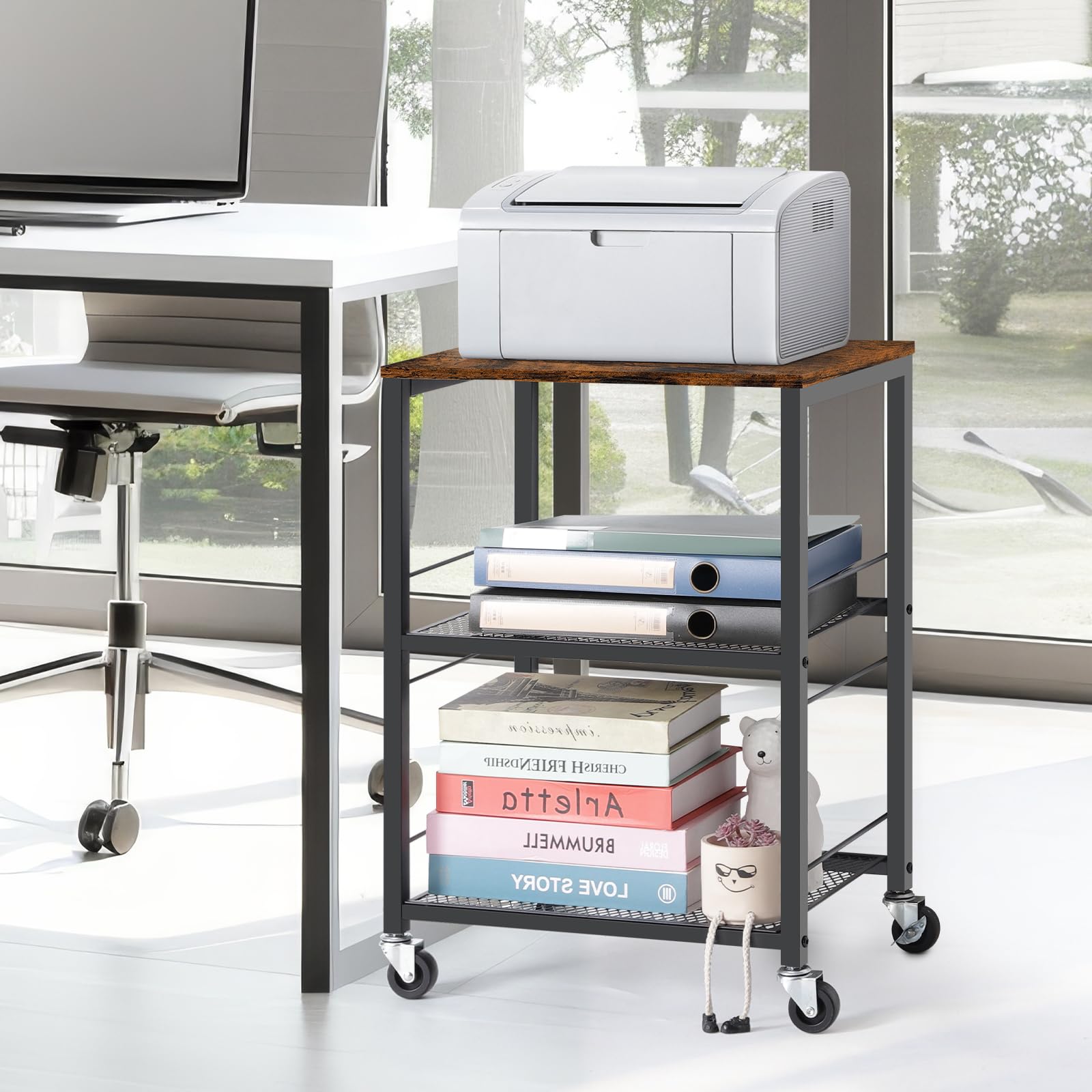 Nandae Carrello Cucina con rack di stoccaggio a 3 piani, Carrello di Servizio con ruote, ripiano in legno e telaio in metallo per Cucina e Soggiorno