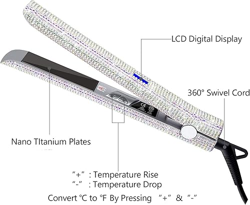 Miniatura 2 de Plancha plana de titanio con hermoso diamante de imitación de cristal, alisador y rizador de cabello 2 en 1, apagado automático de 60 minutos,