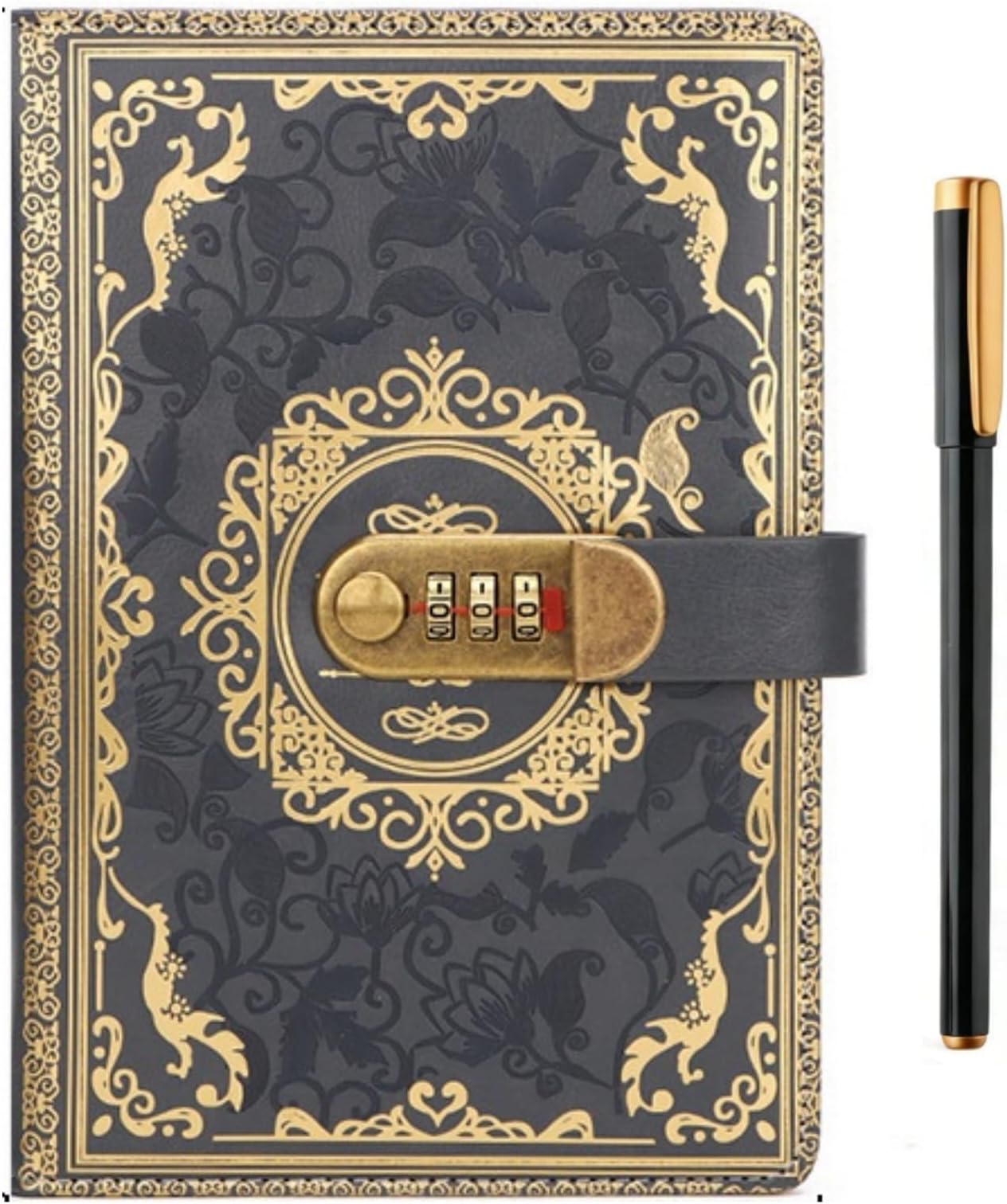 A5 Journal With Lock, Vintage Leather Diary With Lock, 200 Pages Lined Paper Notebook With Pen, Secret Diary With Combination Password, Locked Journal for Women, Girls, Travel Writing (Grey)
