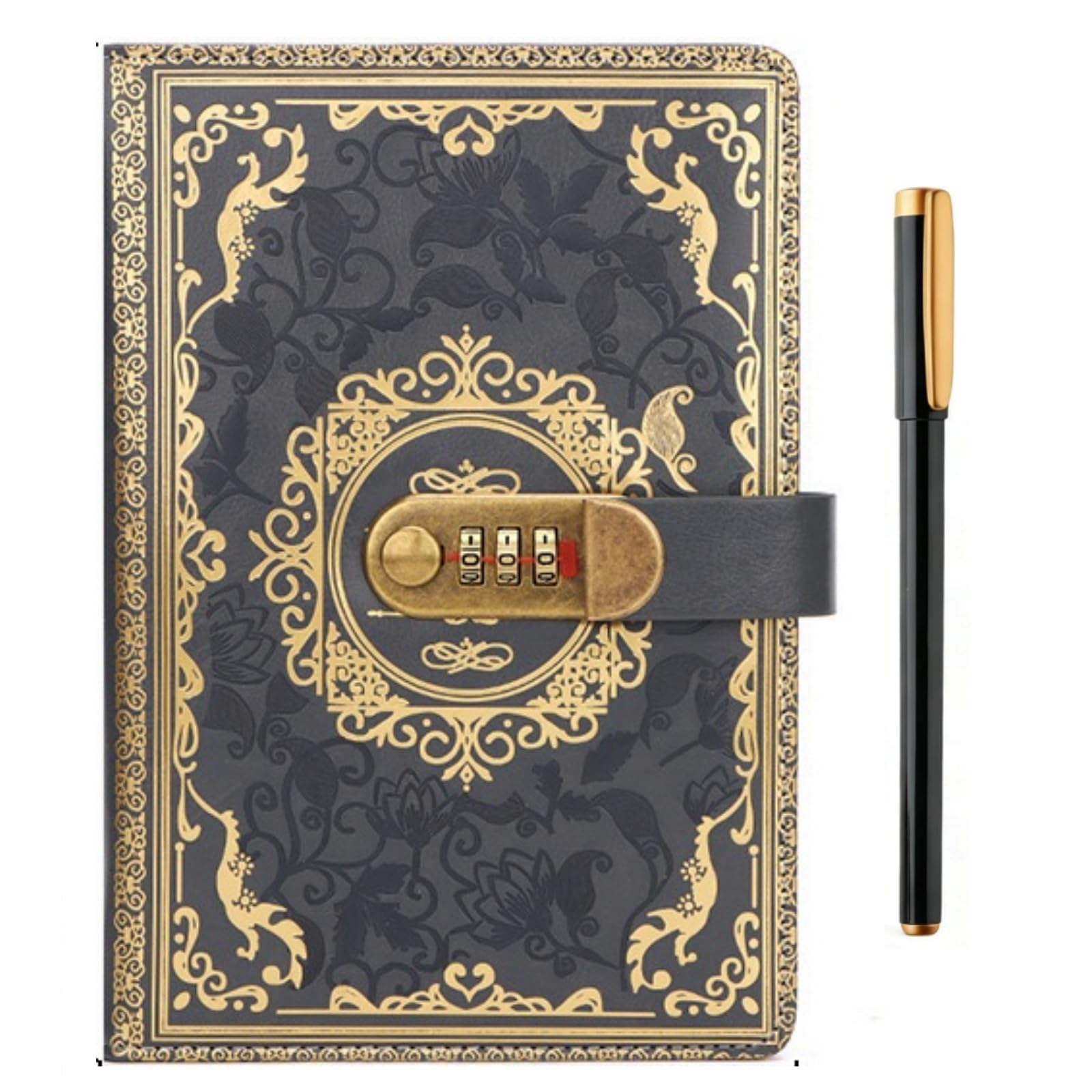 A5 Journal With Lock, Vintage Leather Diary With Lock, 200 Pages Lined Paper Notebook With Pen, Secret Diary With Combination Password, Locked Journal for Women, Girls, Travel Writing (Grey)