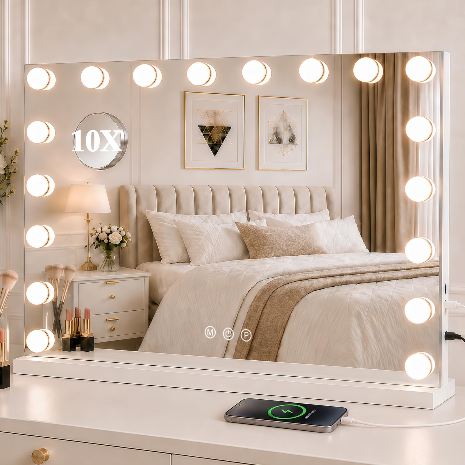 HomniTacX Hollywood Vanity Mirror with Lights, Large 80x62cm Makeup Mirror with 18 LED Dimmable Bulbs, 3 Color Modes, USB & Type-C Charging, Cosmetic Mirror for Bedroom, Tabletop & Wall Mounted