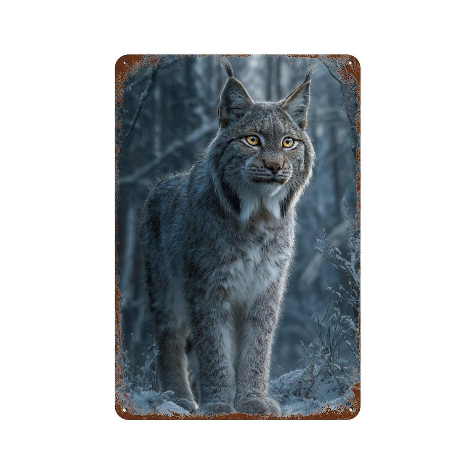 Rust Effect Eurasian Lynx in Winter Forest Vintage Metal Tin Sign 11.8"x7.9", Vintage Wall Decor for Office, Studio And Wall Decor