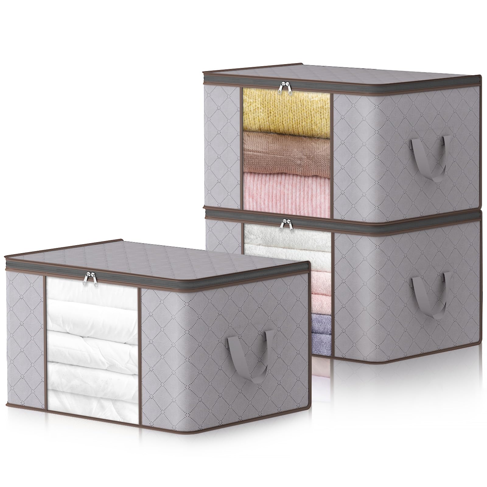 Lifewit 120L Clothes Storage Boxes, Large Moving Boxes Storage Bags Packing Boxes for Moving House with Reinforced Handle Clear Window for Clothing Bedding Comforters, 3 Pack, Light Grey