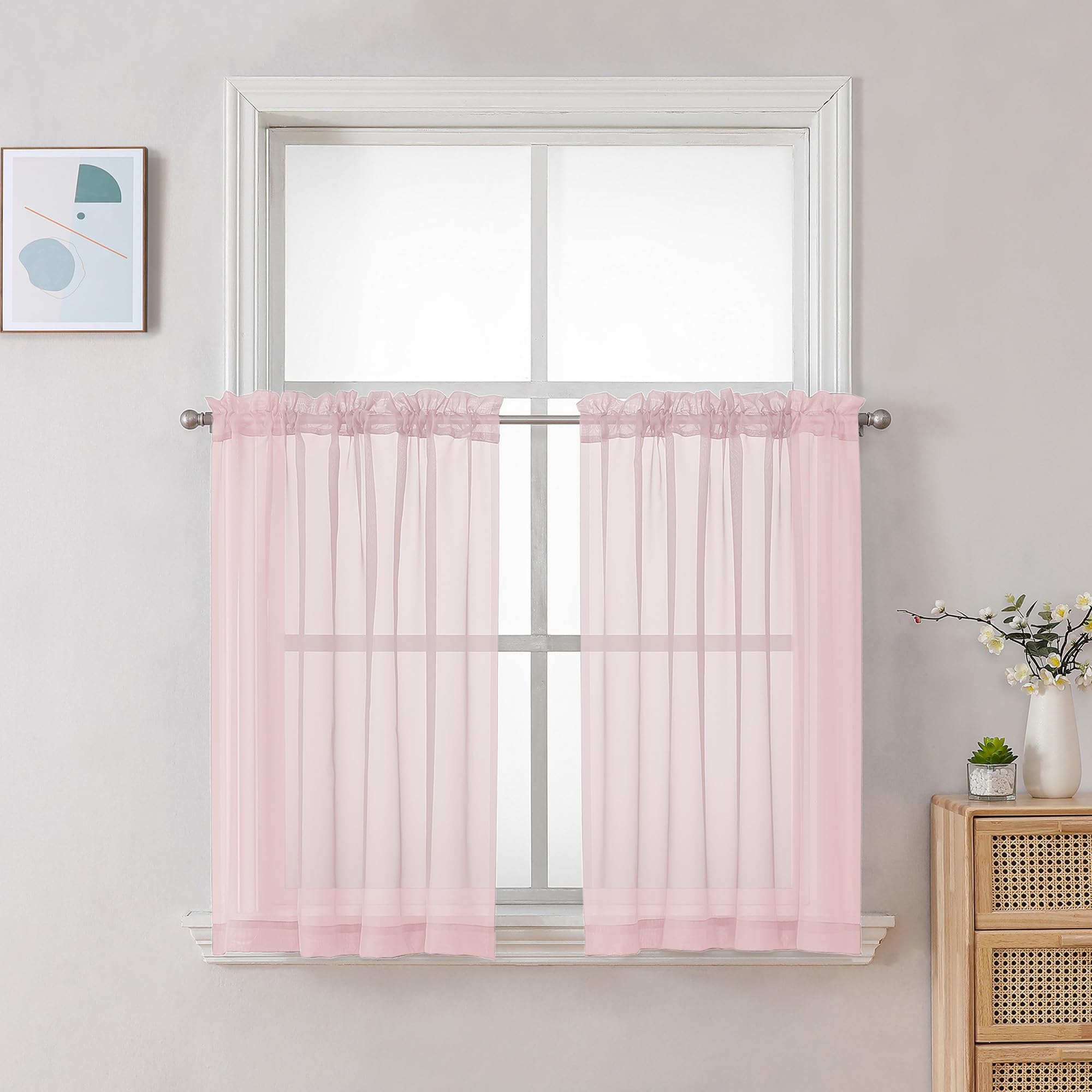 Chyhomenyc Sheer Curtains 24 Inch Length, Small Window Curtains for Bathroom Living Room Basement, Voile Short Rod Pocket Curtain Tiers, 42in Wx 24in L, 2 PCS, Blush Pink